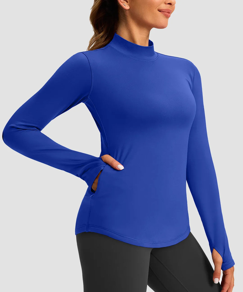 Mock Neck Zip Pockets Fleece Long Sleeve
