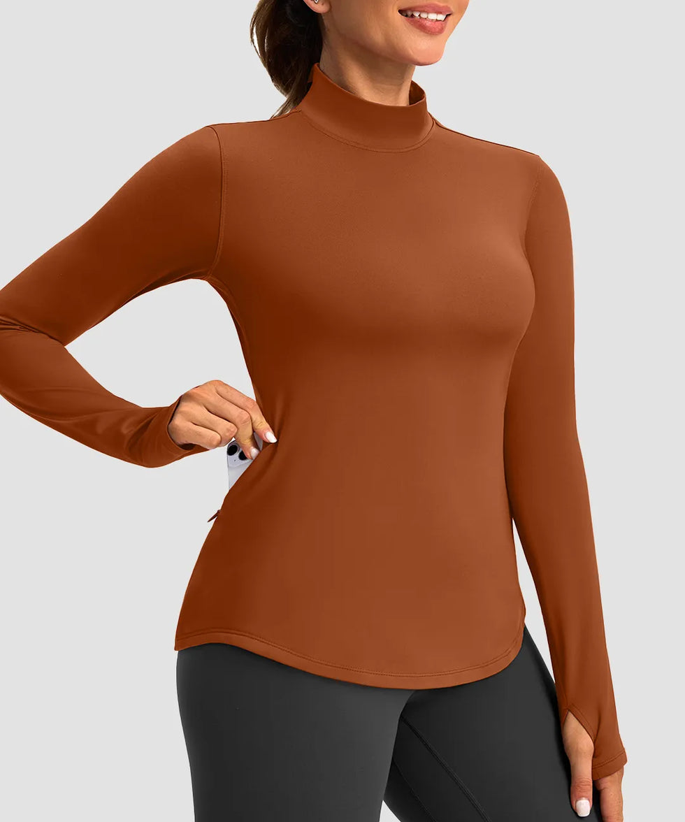 Mock Neck Zip Pockets Fleece Long Sleeve