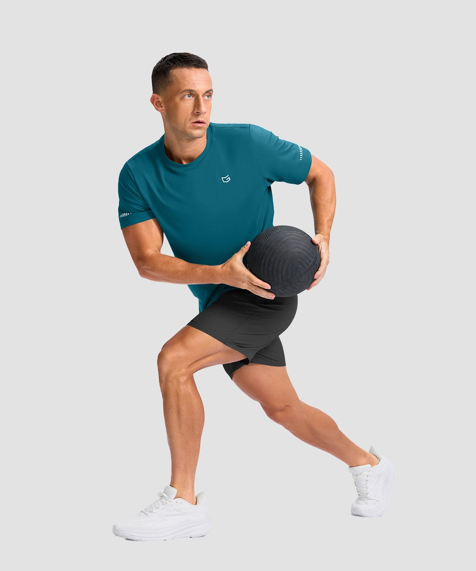 cooling upf 50+ performance t-shirt in dark teal - on model exercise view
