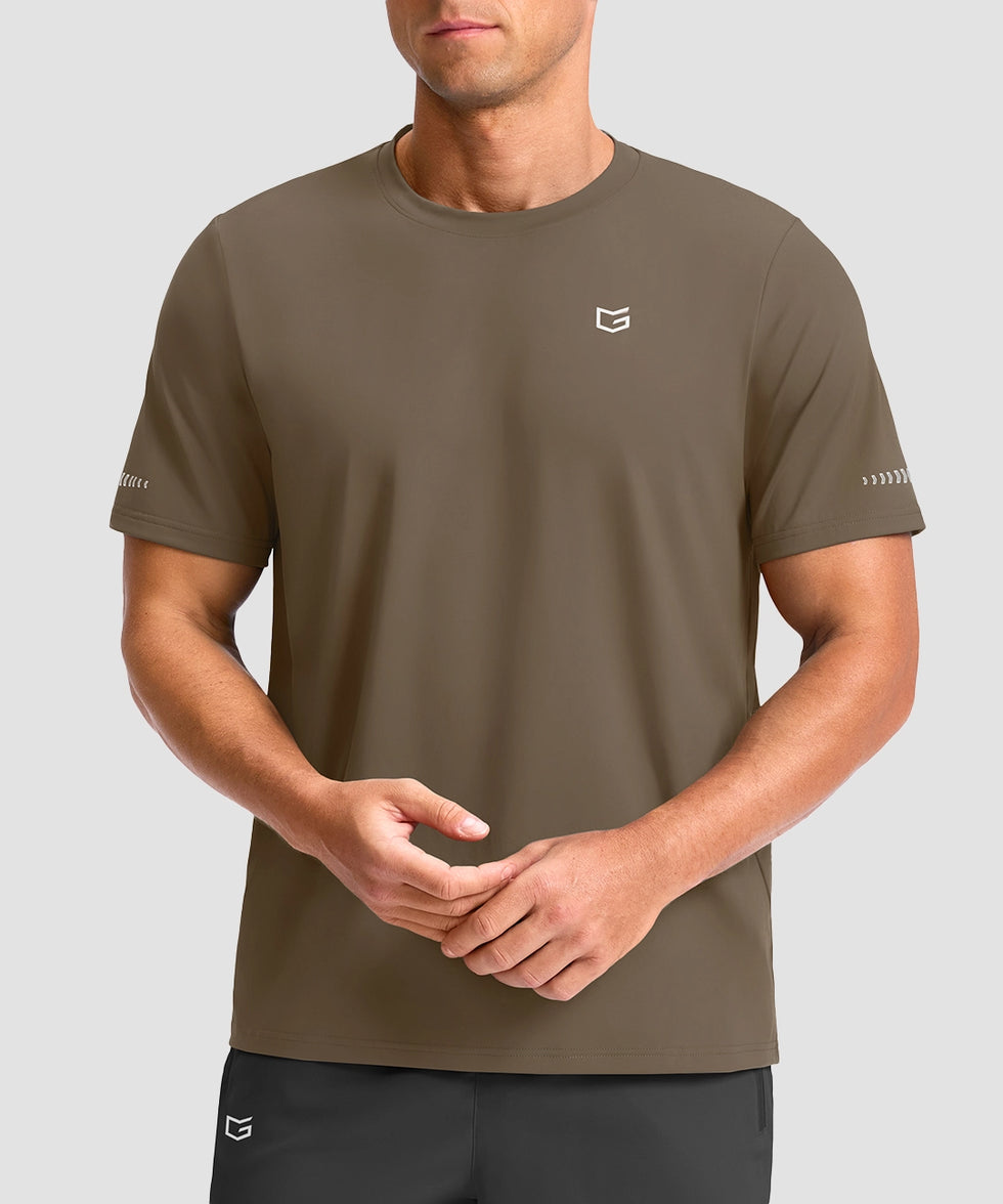 cooling upf 50+ performance t-shirt in taupe - on model front view