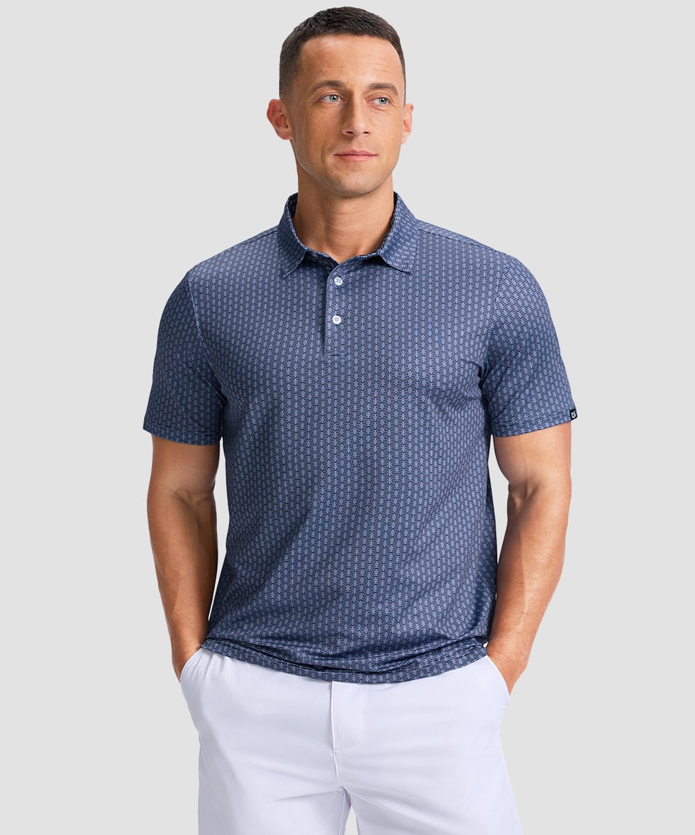 dry fit performance golf polo in blue texture - front view