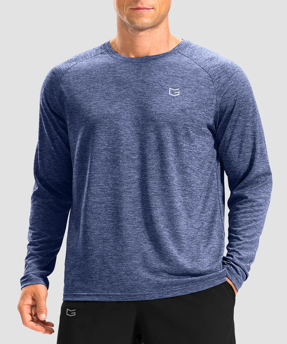 dry fit performance long sleeve in heather blue gray - front view