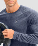 dry fit performance long sleeve in heather slate blue - detail view