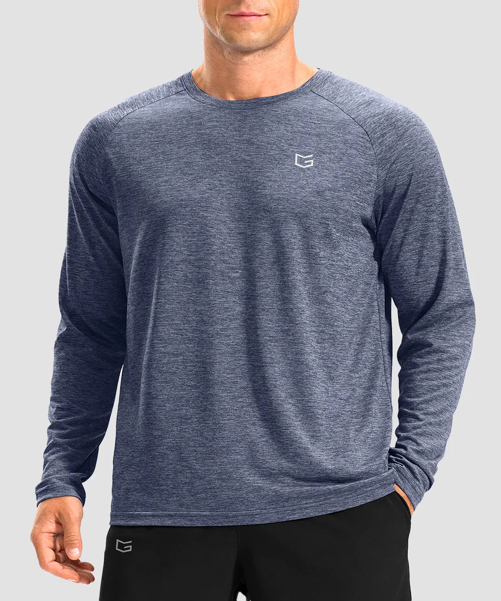 dry fit performance long sleeve in heather slate blue - front view