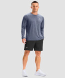 dry fit performance long sleeve in heather slate blue - on model view