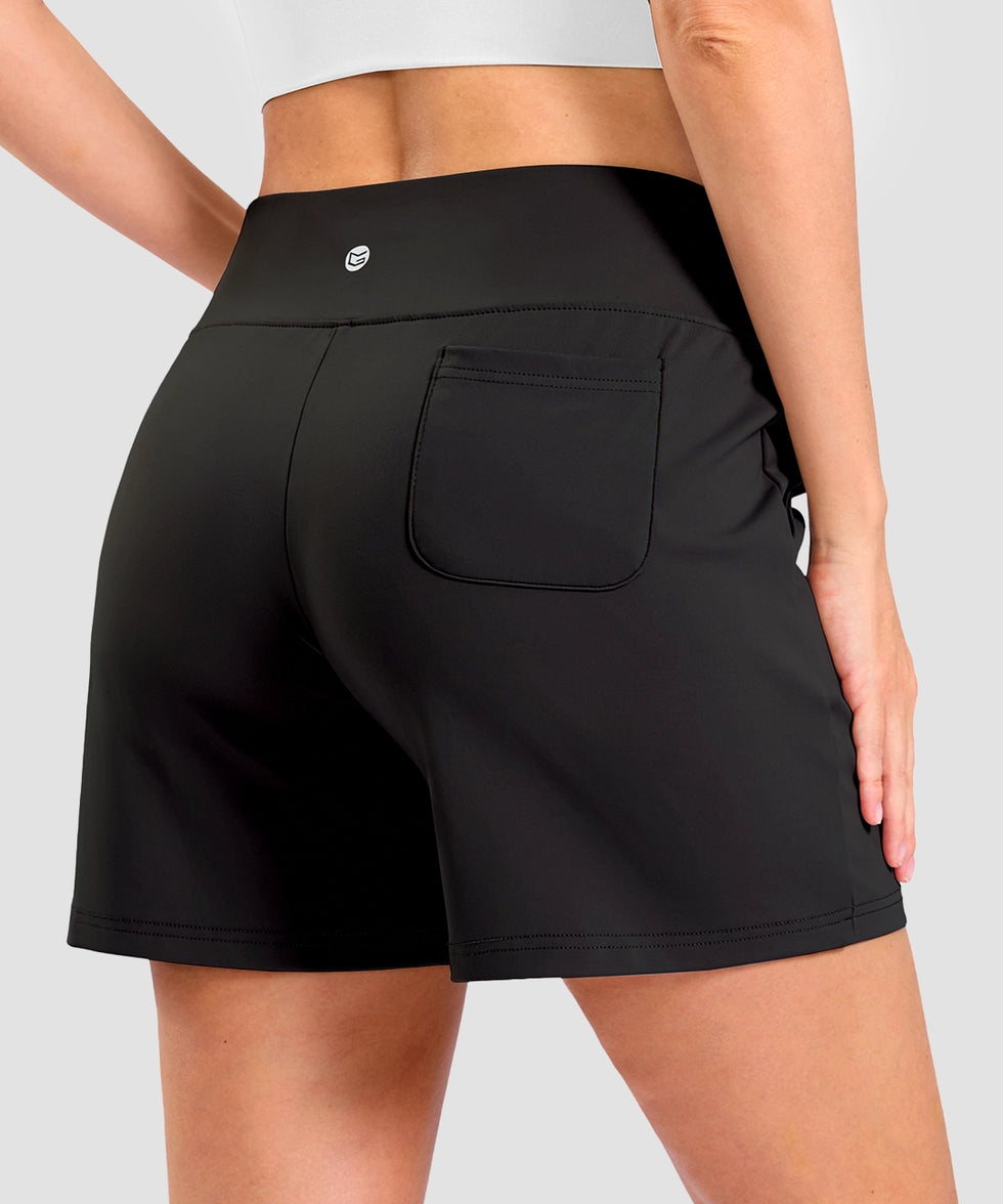 elastic waist bermuda shorts 5" in black - on model back view