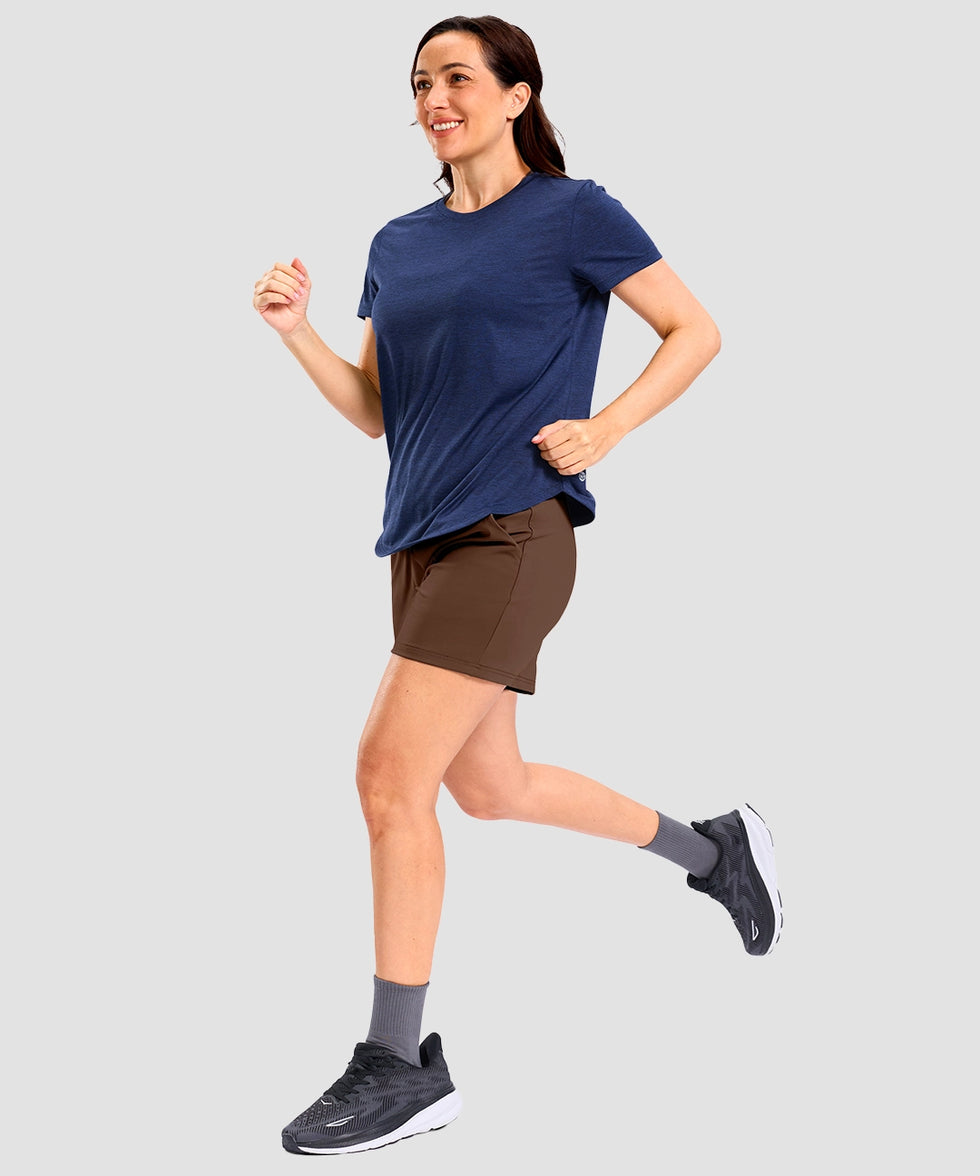 elastic waist bermuda shorts 5" in brown - on model exercise view