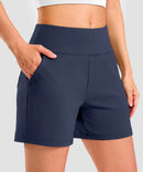 elastic waist bermuda shorts 5" in navy - on model front view