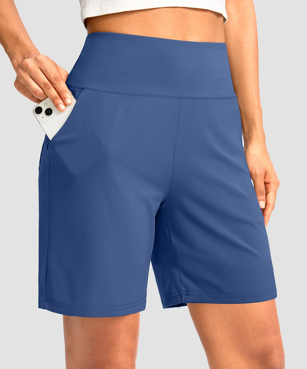 elastic waist bermuda shorts 7" in blue - pocket detail view