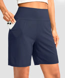 elastic waist bermuda shorts 7" in navy - pocket detail view