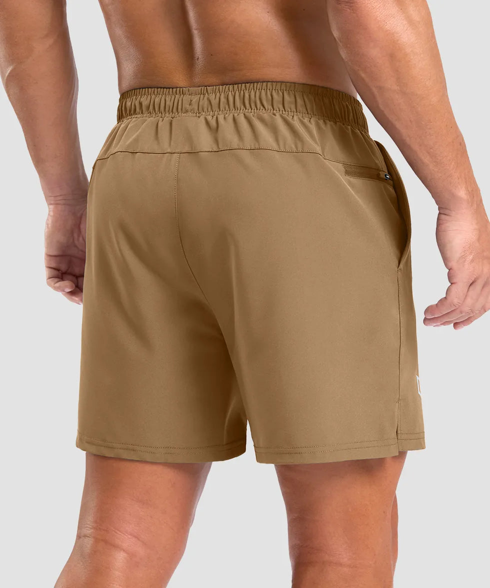 elastic waist split hem shorts 5'' in dark khaki - back view