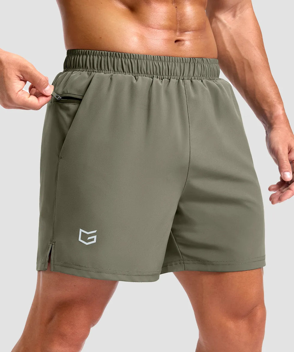 elastic waist split hem shorts 5'' in gray sage - front view