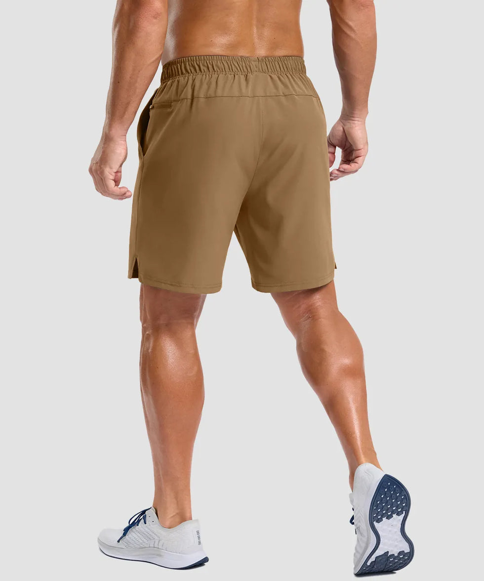 elastic waist split hem shorts 7'' in dark khaki - back view