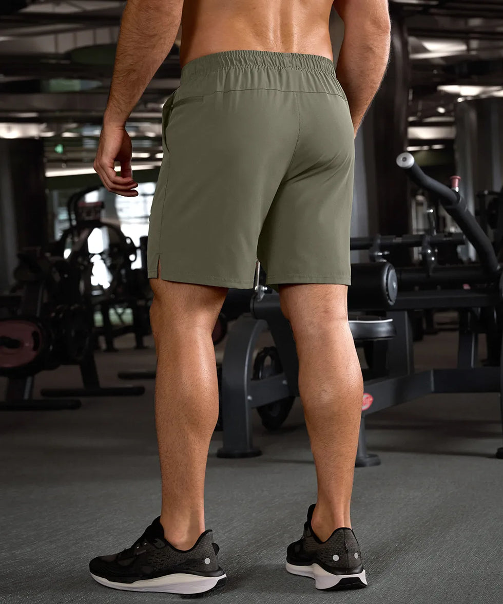 elastic waist split hem shorts 7'' in gray sage - back view