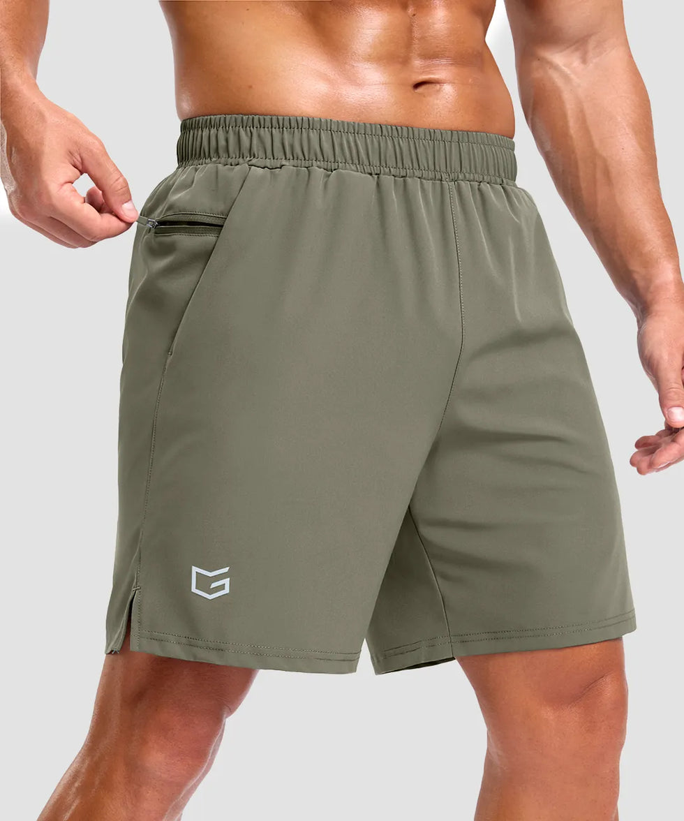 elastic waist split hem shorts 7'' in gray sage - front view