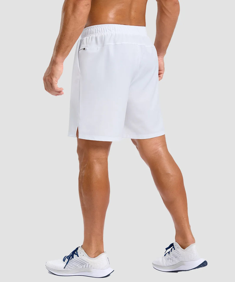 elastic waist split hem shorts 7'' in white - back view