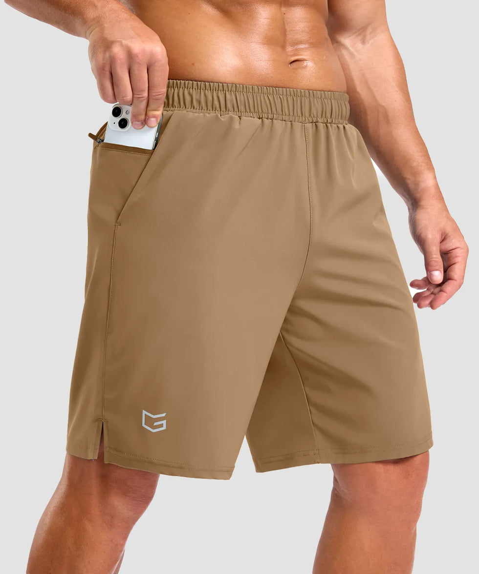 elastic waist split hem shorts 9'' in dark khaki - front view