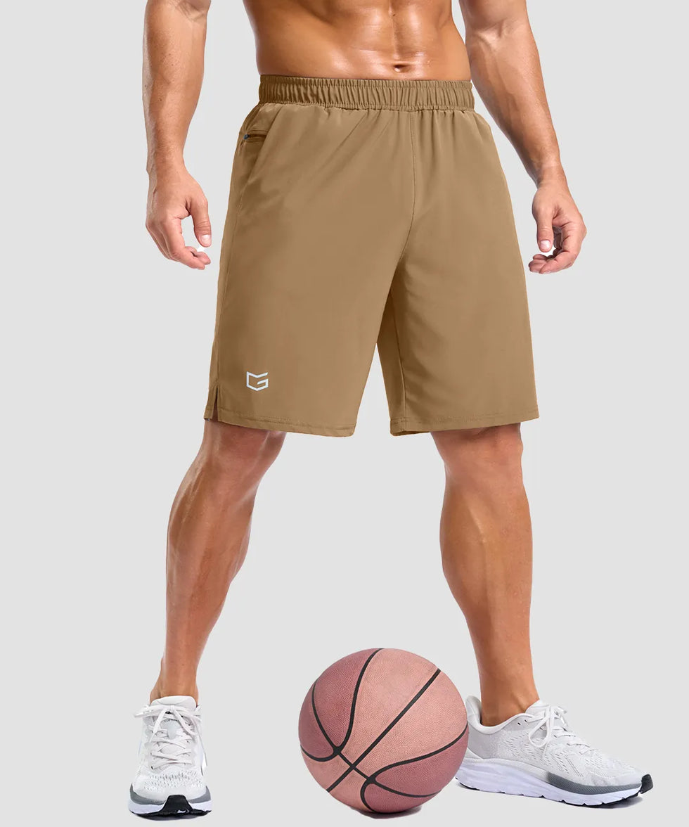 elastic waist split hem shorts 9'' in dark khaki on model - front view