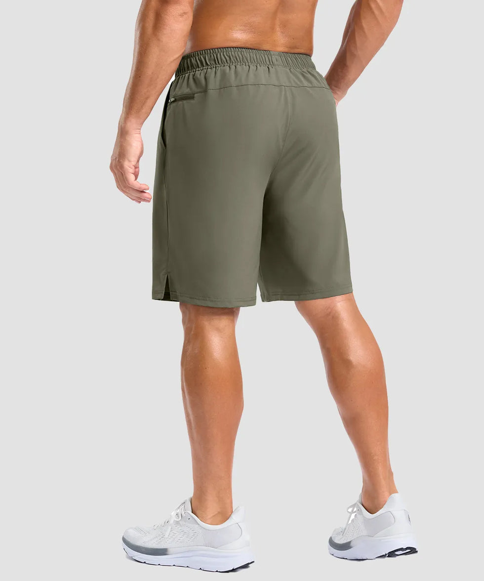 elastic waist split hem shorts 9'' in gray sage - back view