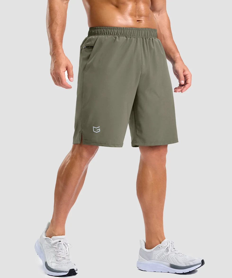 elastic waist split hem shorts 9'' in gray sage on model - front view