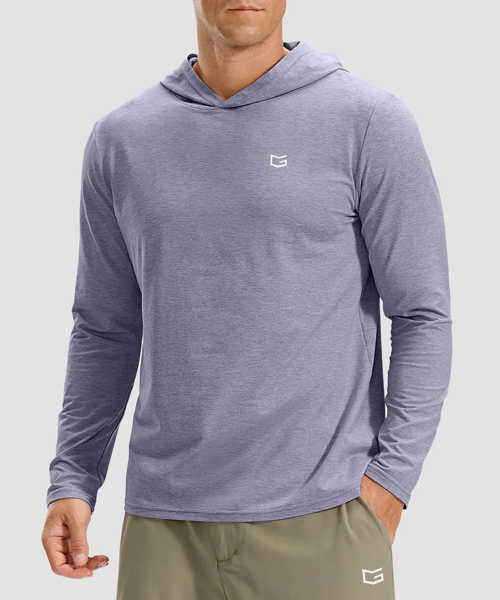 men's lightweight athletic no strings hoodie in heather purple gray - front view