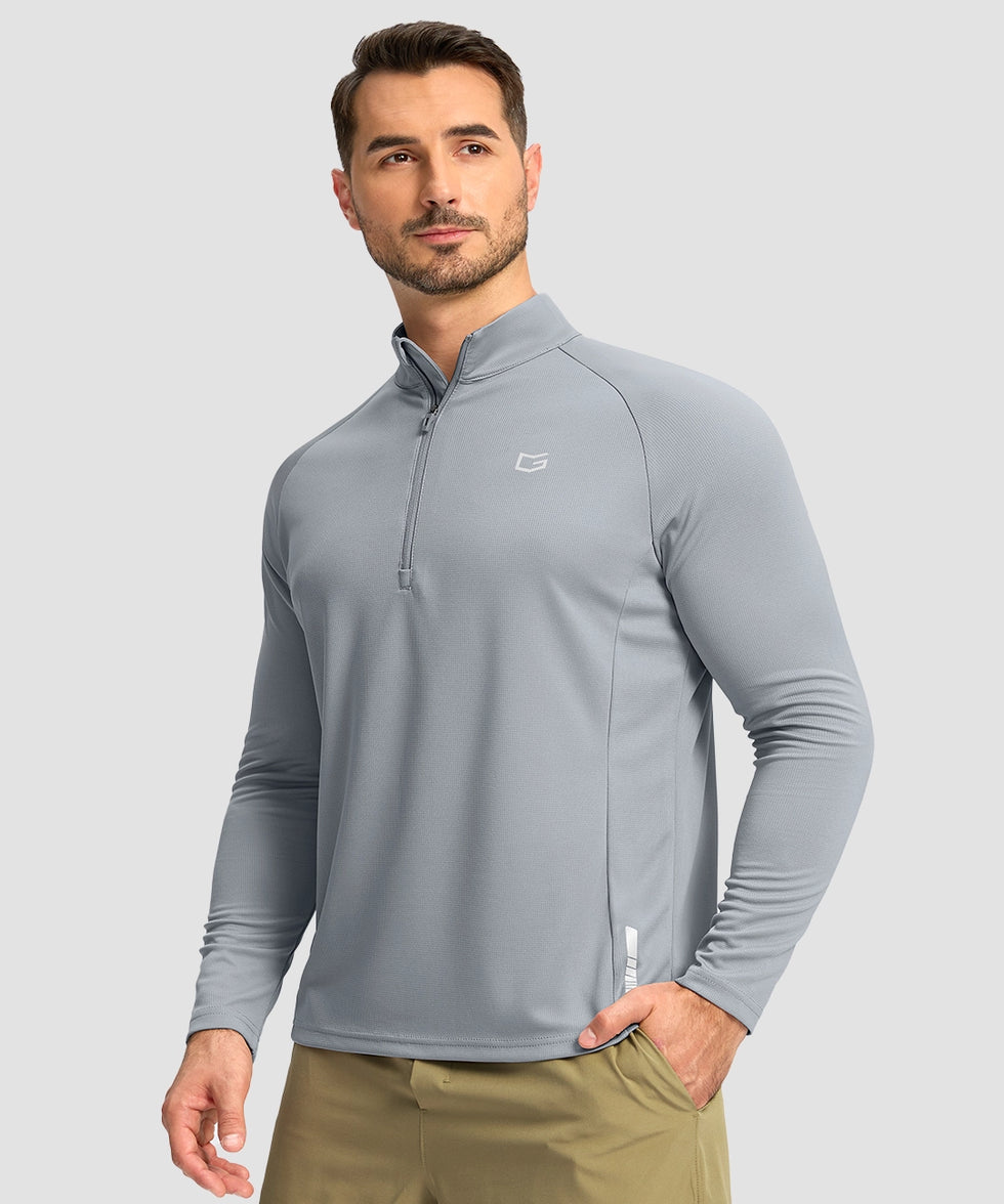 half zip pullover long sleeve in cloudy gray - on model front view