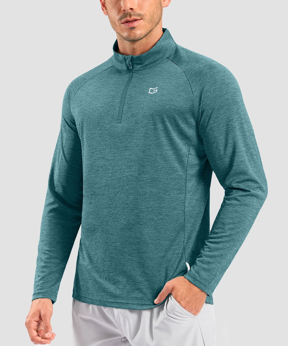 half zip pullover long sleeve in harbor blue - on model front view