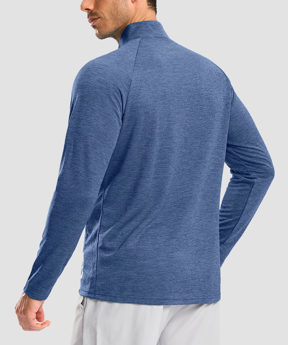 half zip pullover long sleeve in indigo blue - on model back view