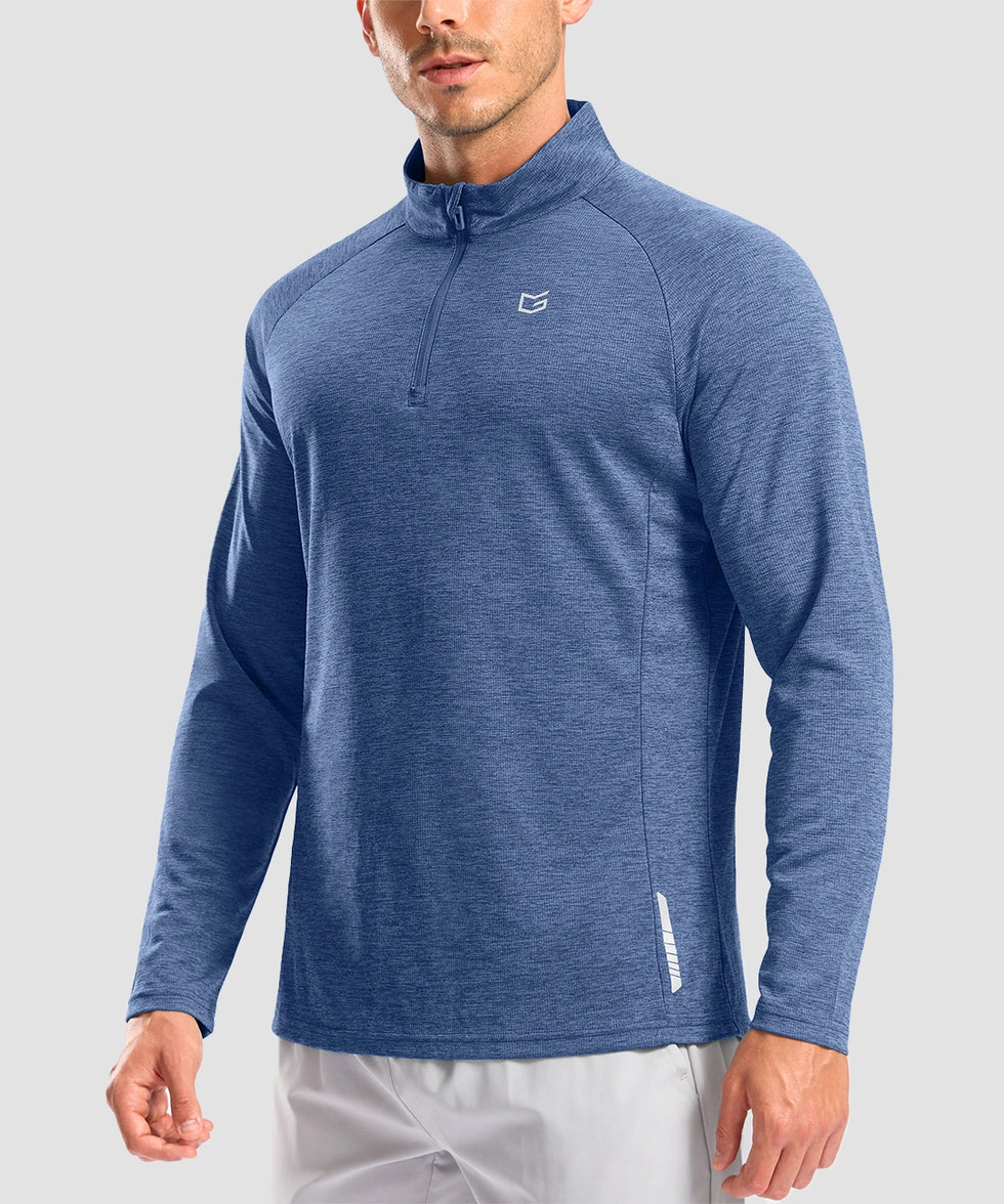 half zip pullover long sleeve in indigo blue - on model front view