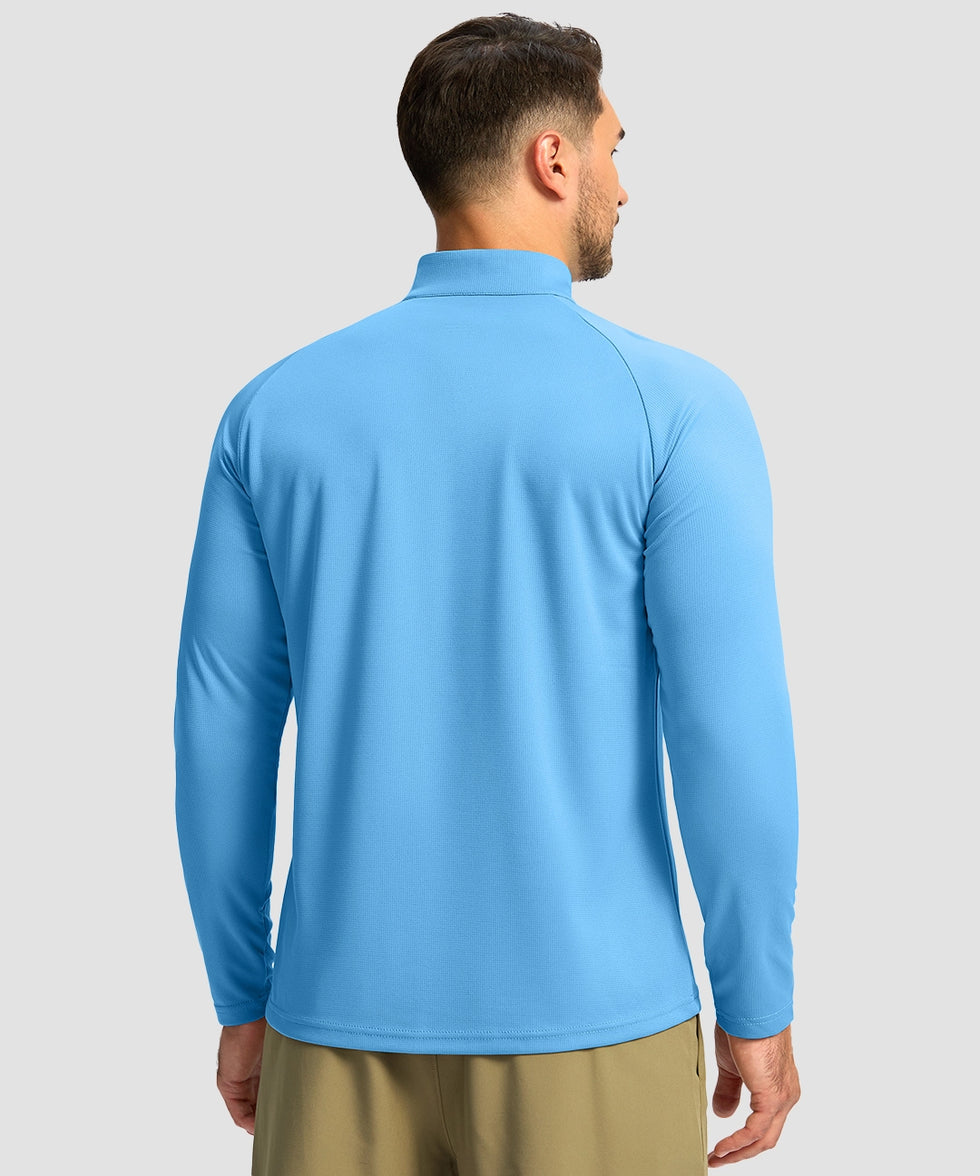 half zip pullover long sleeve in lake blue - on model back view