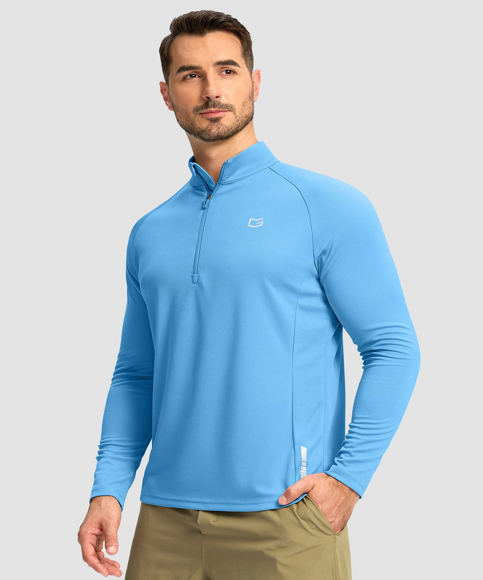 half zip pullover long sleeve in lake blue - on model front view
