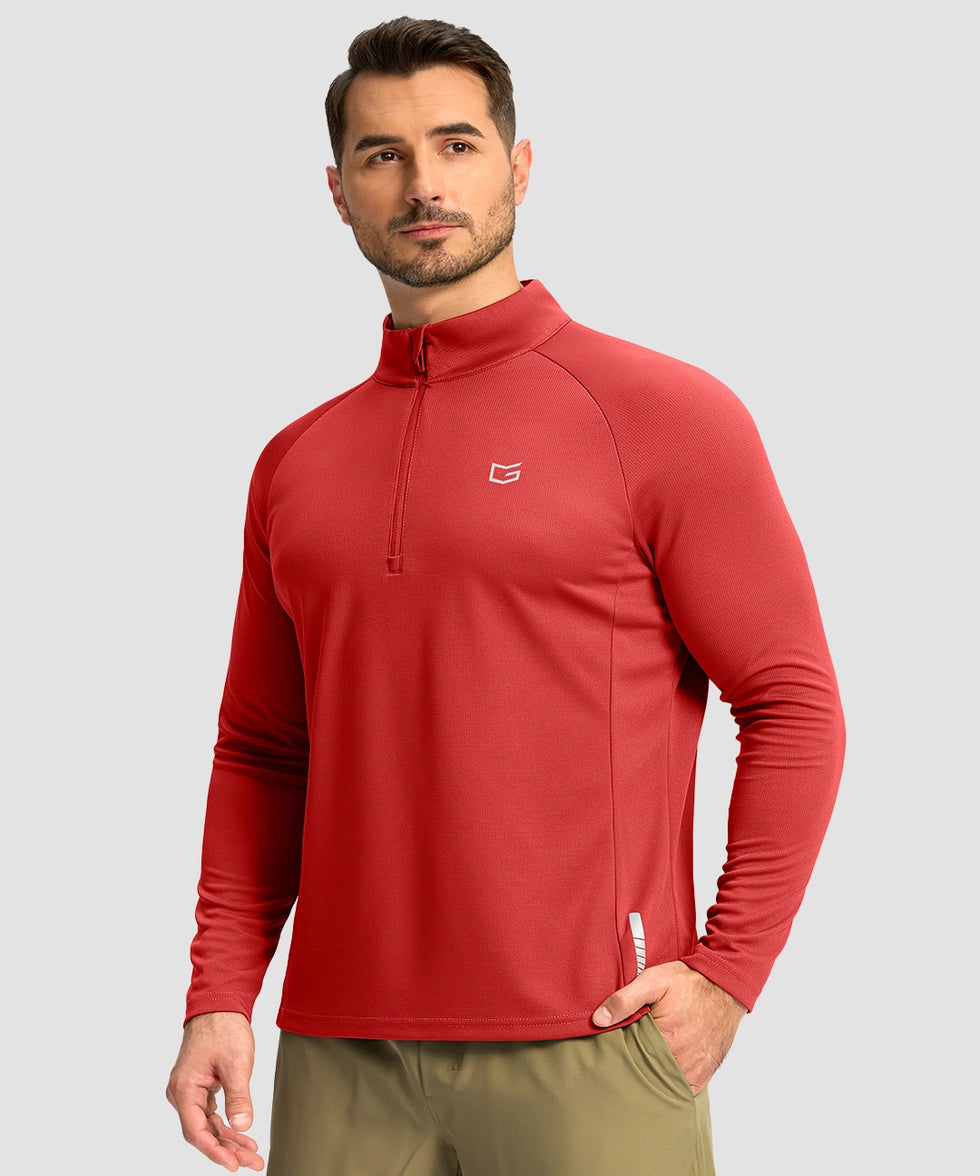 half zip pullover long sleeve in savannah red - on model front view