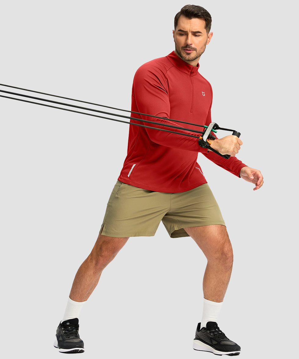 half zip pullover long sleeve in savannah red - on model workout view