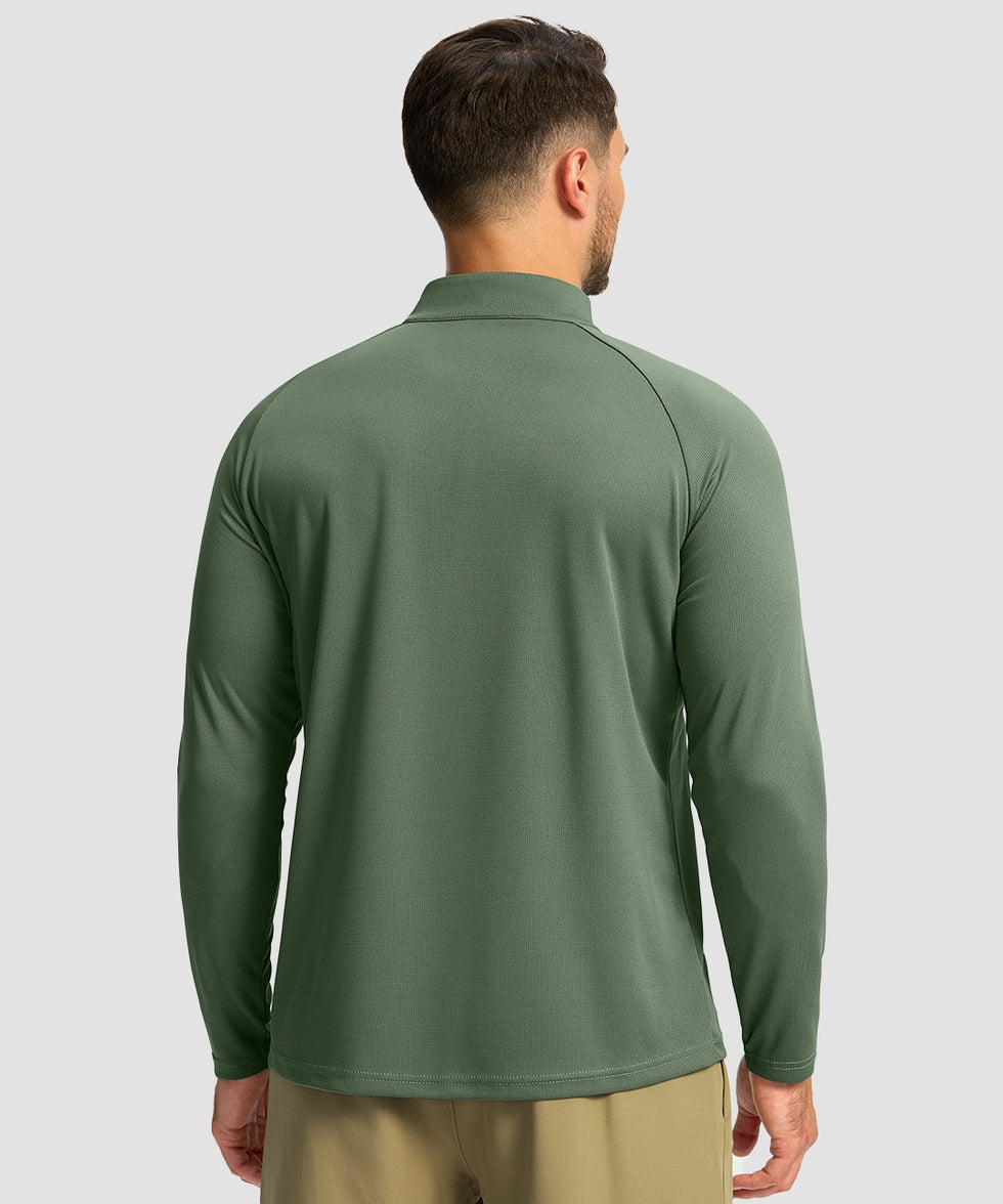 half zip pullover long sleeve in slate green - on model back view