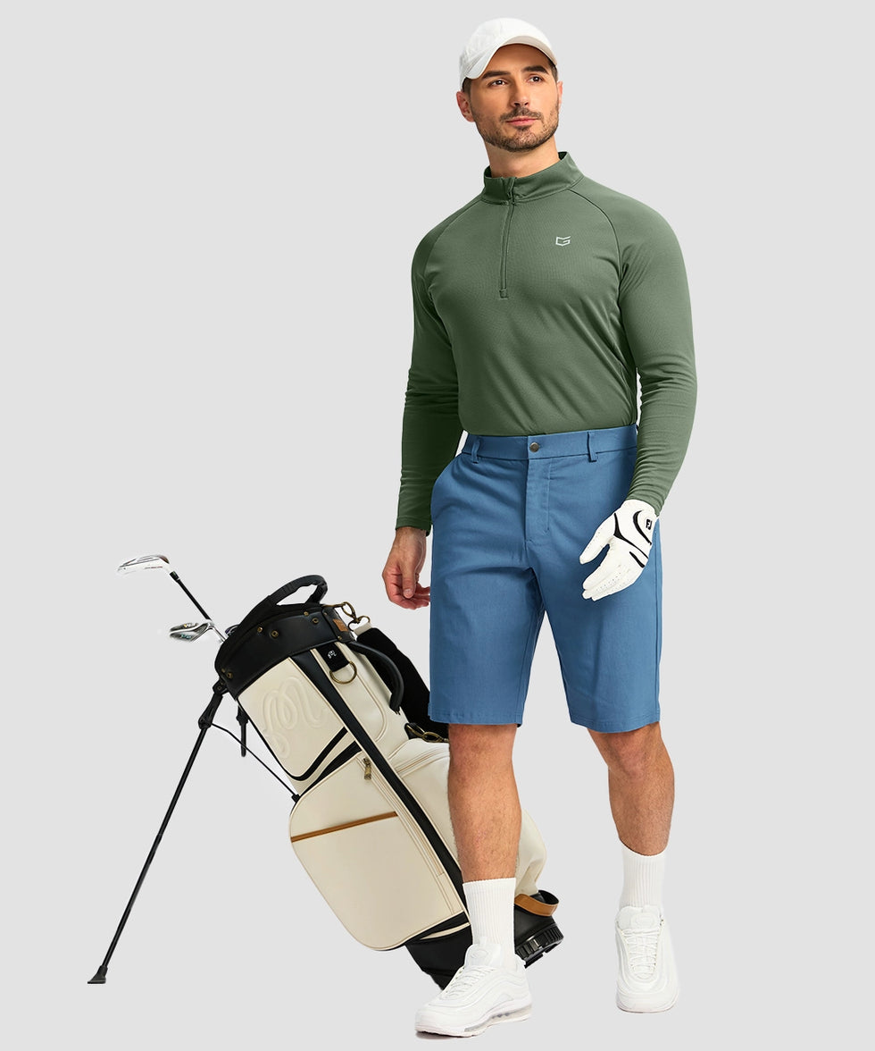 half zip pullover long sleeve in slate green - on model exercise view