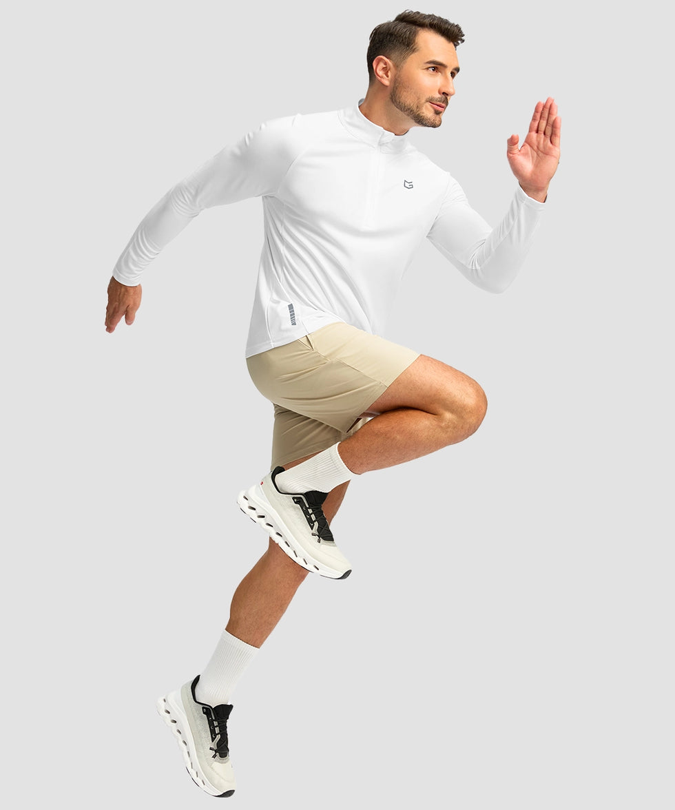 half zip pullover long sleeve in white - on model exercise view