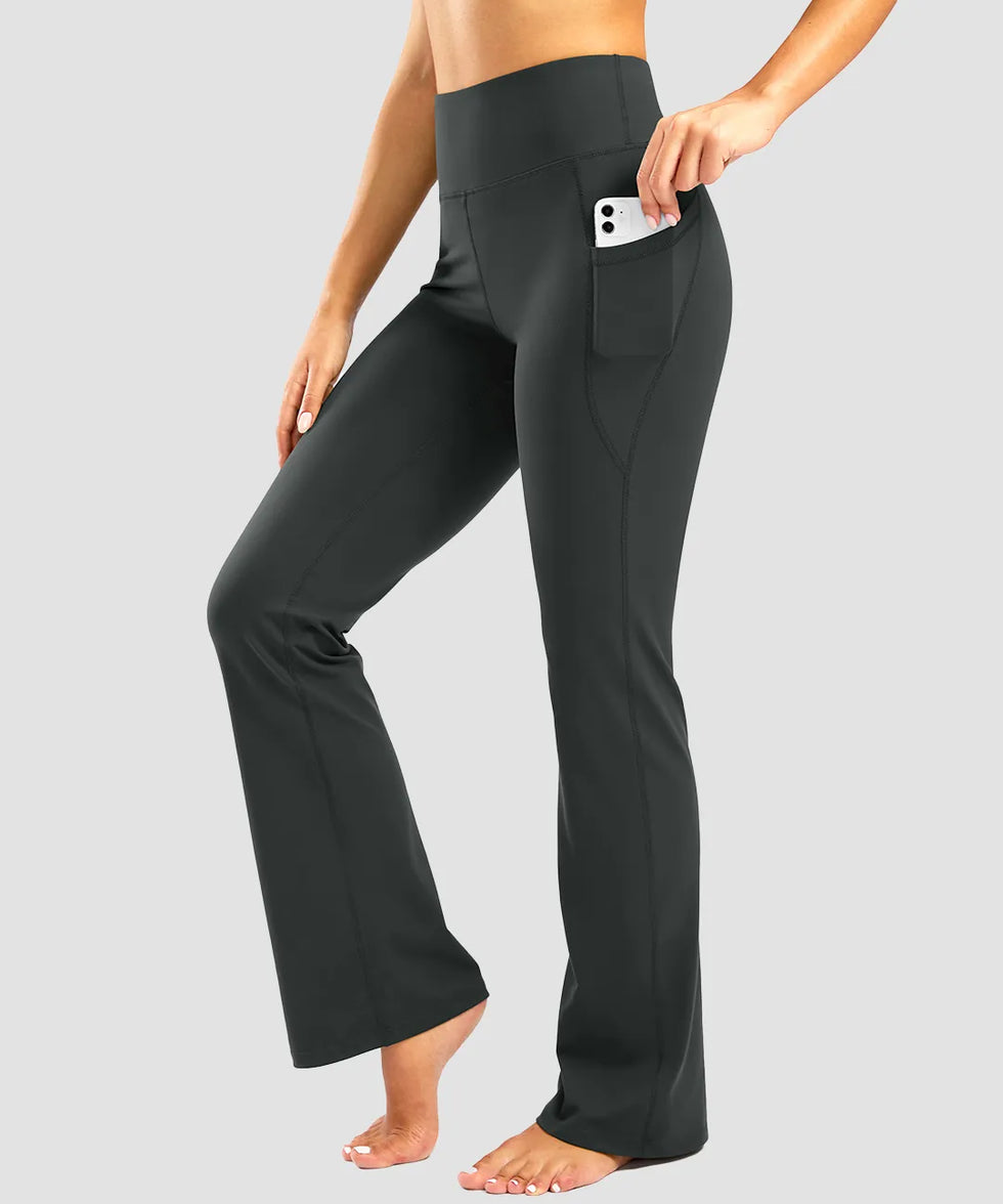 high waist flare leggings in dark gray - pocket detail view