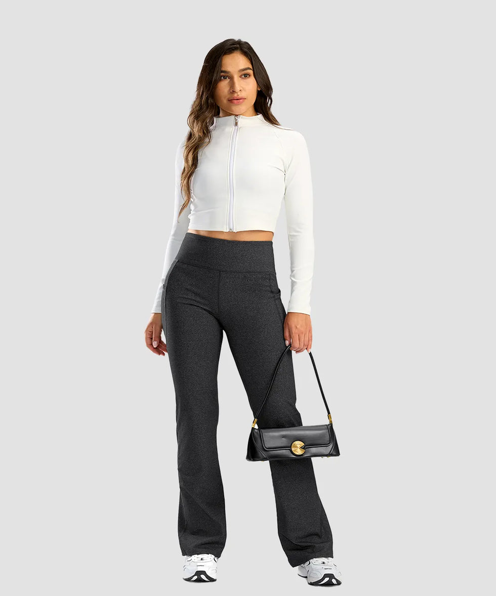 high waist flare leggings in heather charcoal - on model view