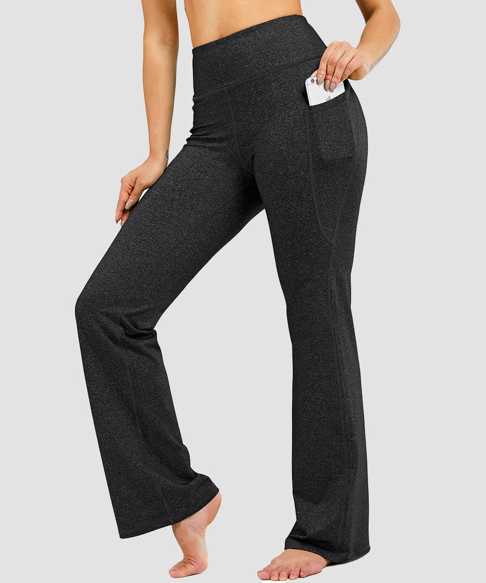 high waist flare leggings in heather charcoal - pocket detail view