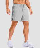 lightweight 5 inch pocketed athletic shorts in bright gray - on model front view