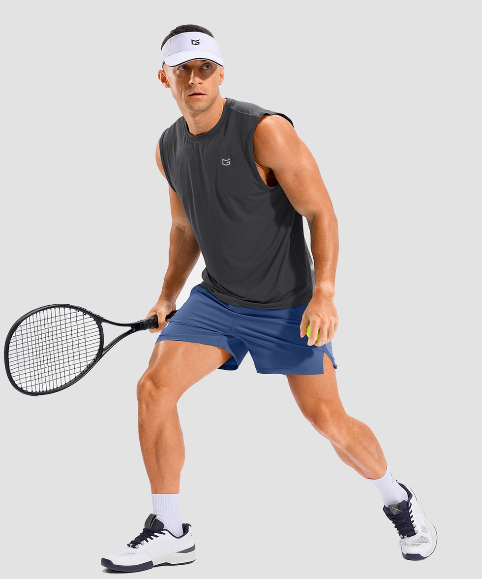 lightweight 5" pocketed athletic shorts in dusty blue - on model view