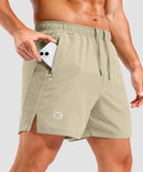lightweight 5" pocketed athletic shorts in light khaki - pocket detail view