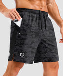 lightweight 7" pocketed athletic shorts in black camo - pocket detail view