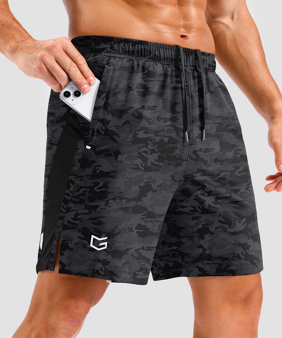 lightweight 7" pocketed athletic shorts in black camo - pocket detail view