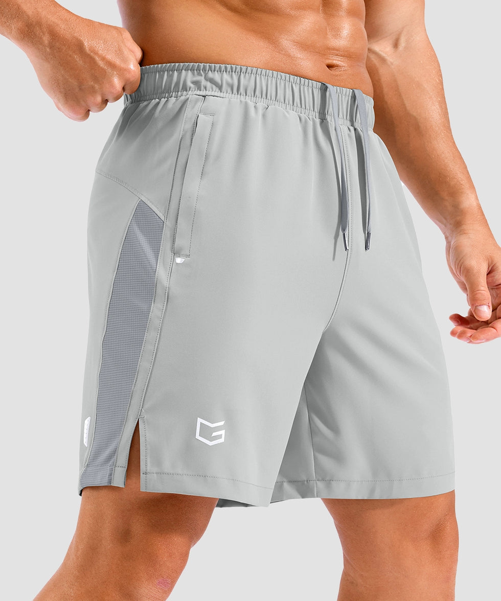 lightweight 7" pocketed athletic shorts in bright gray - side view