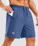 lightweight 7" pocketed athletic shorts in dusty blue - pocket detail view