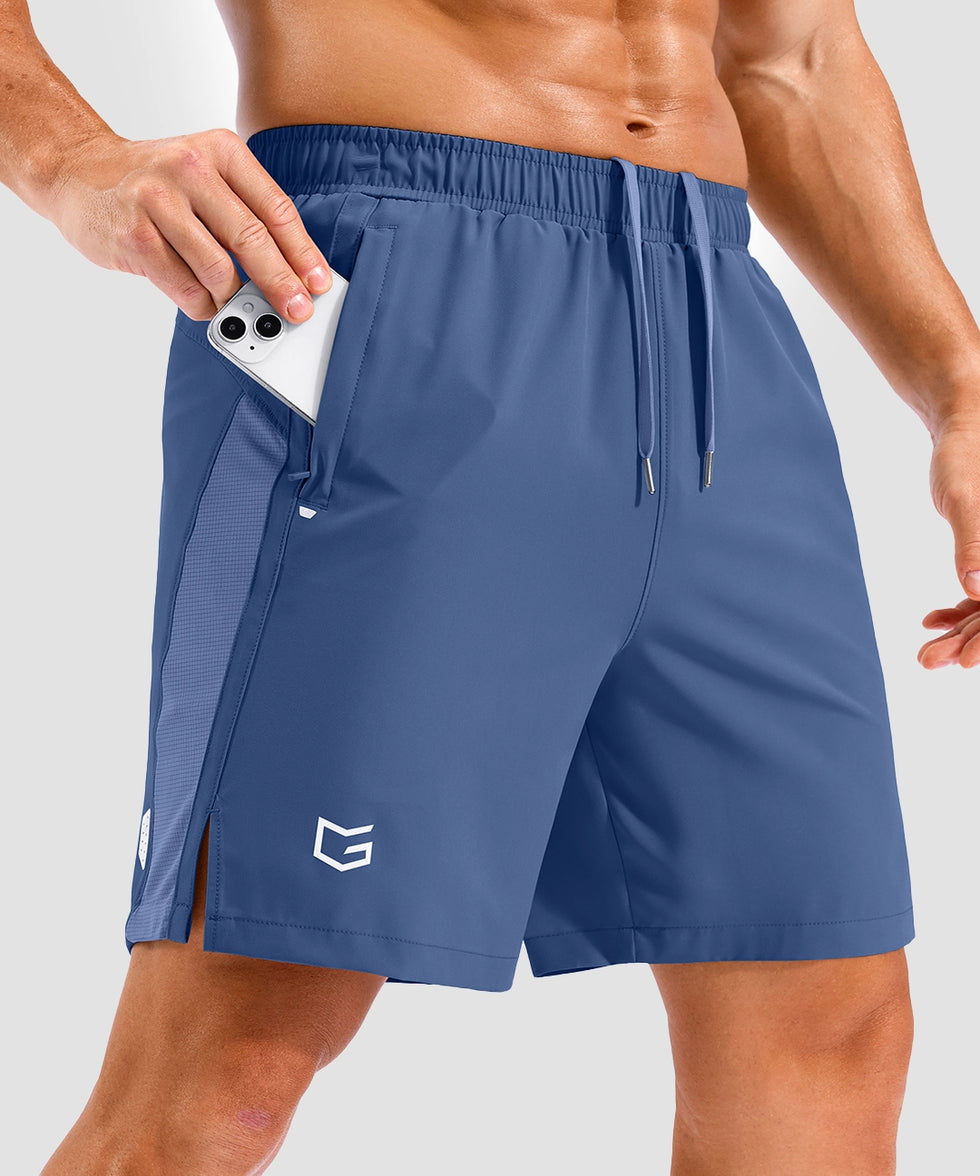 lightweight 7" pocketed athletic shorts in dusty blue - pocket detail view
