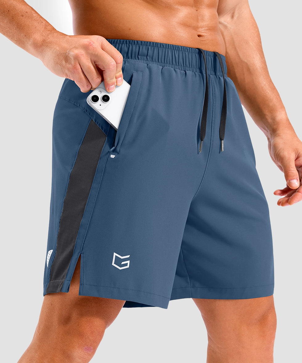 lightweight 7" pocketed athletic shorts in gray blue - pocket detail view