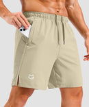 lightweight 7" pocketed athletic shorts in light khaki - pocket detail view