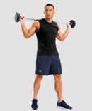 lightweight 7" pocketed athletic shorts in navy - on model view